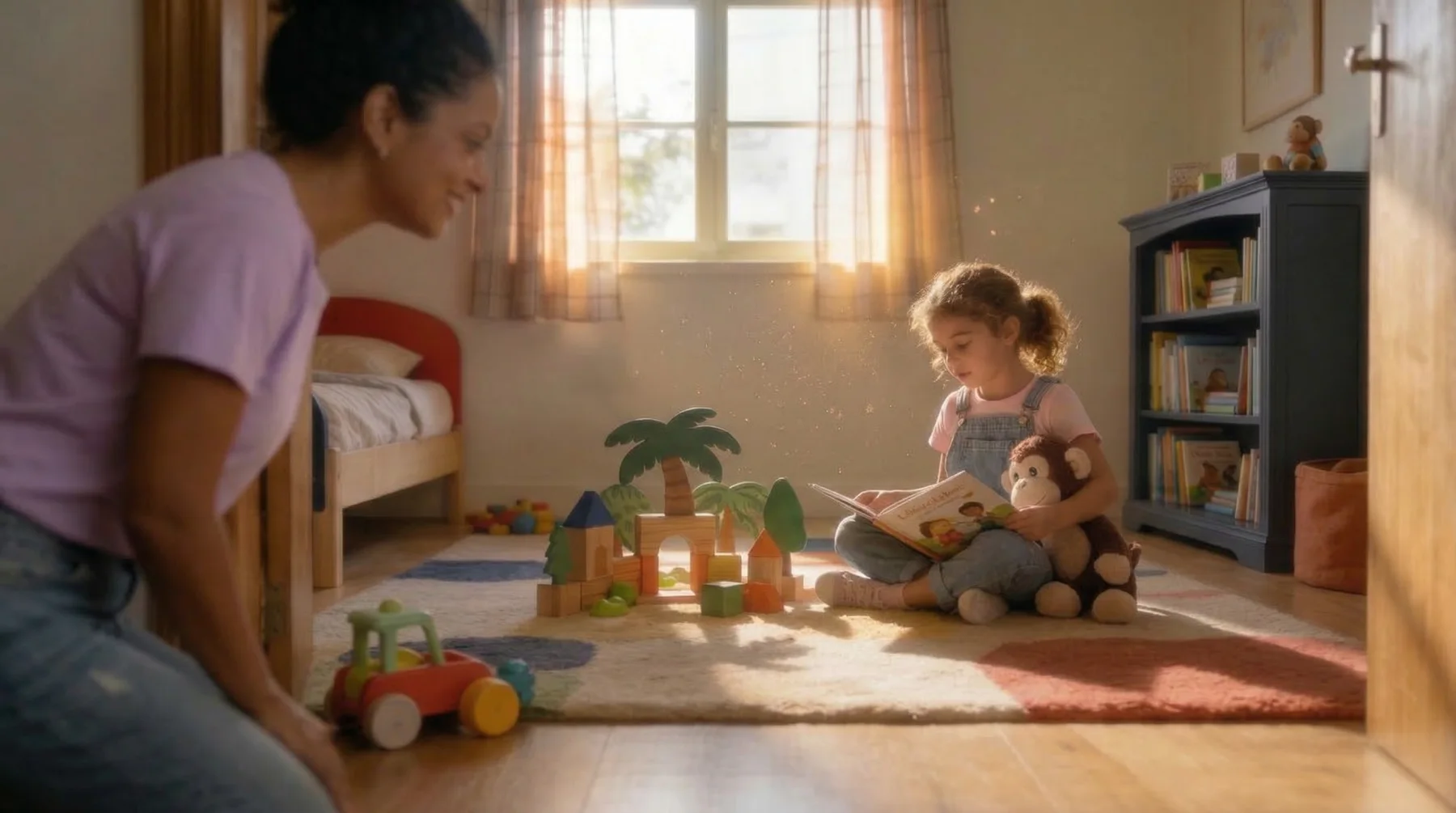Madre y niña jugando en un dormitorio iluminado por el sol