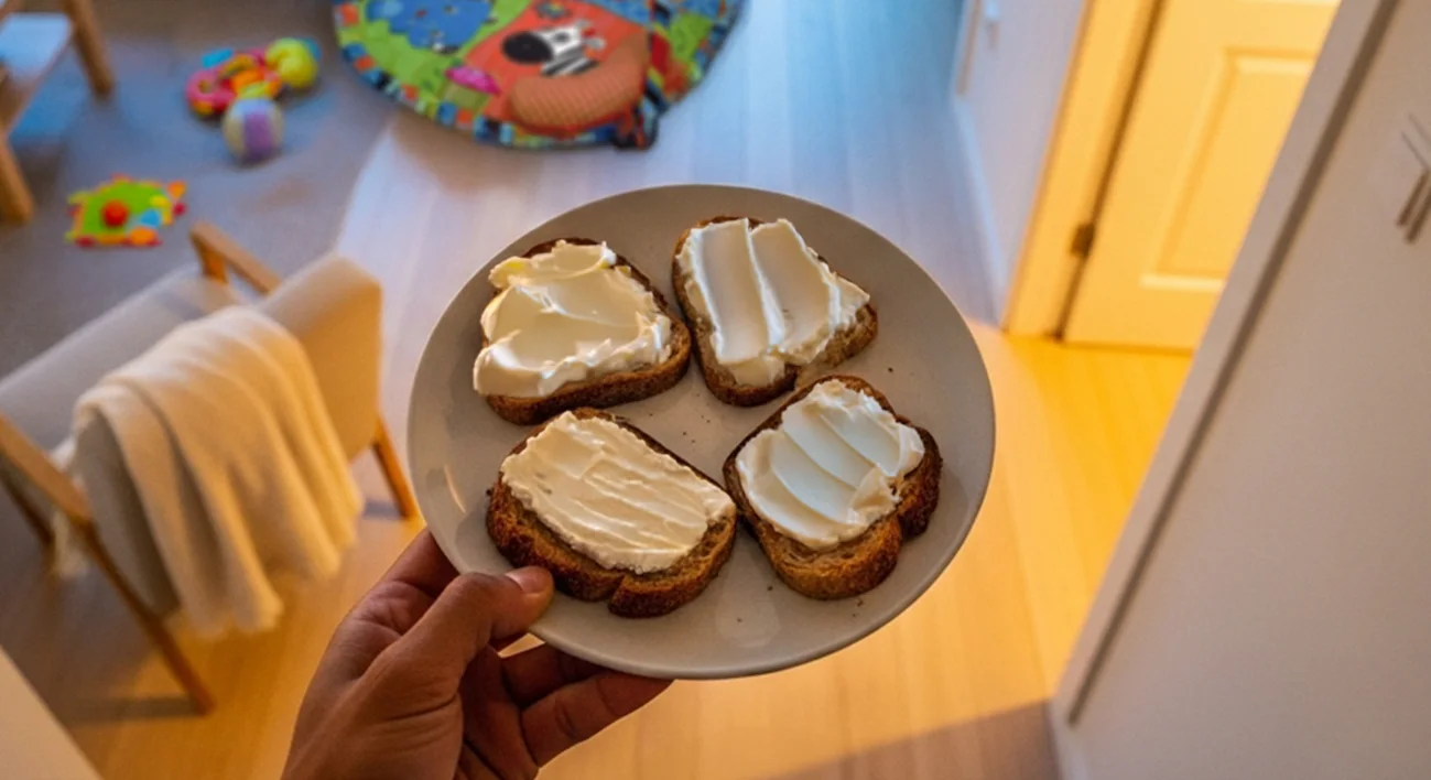 Mano sosteniendo un plato con tostadas untadas de queso crema