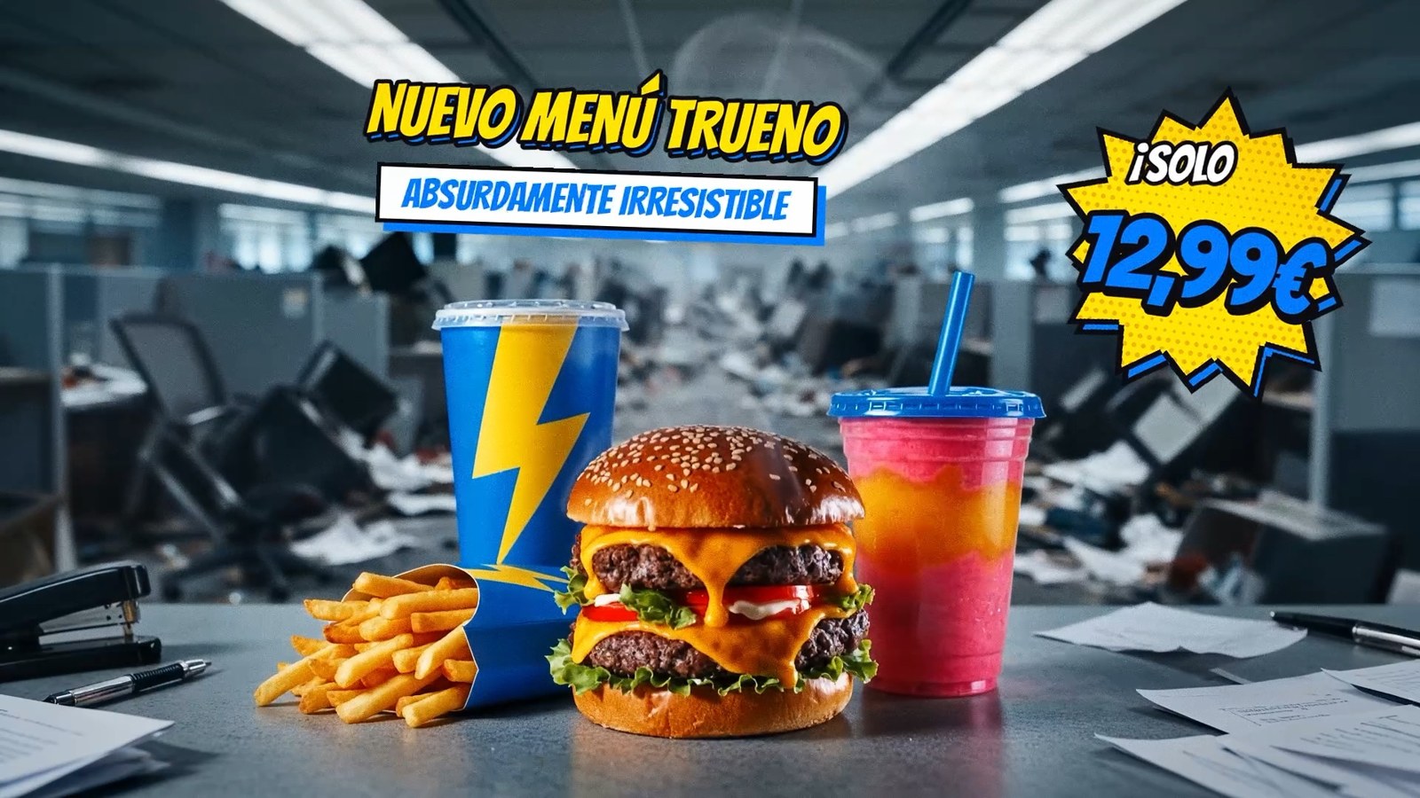 Packshot del Menú Trueno: hamburguesa, patatas y bebidas en una oficina