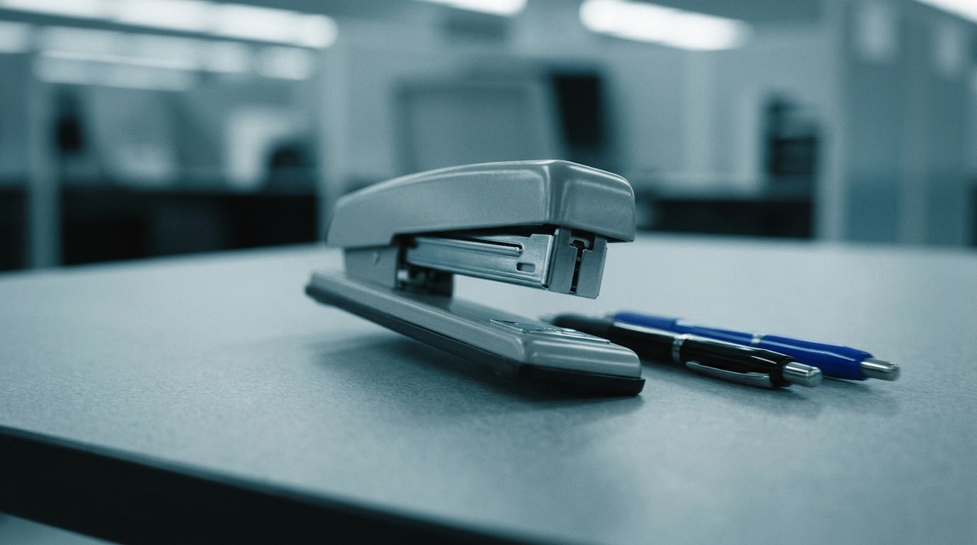 Referencia de grapadora gris y bolígrafos sobre una mesa