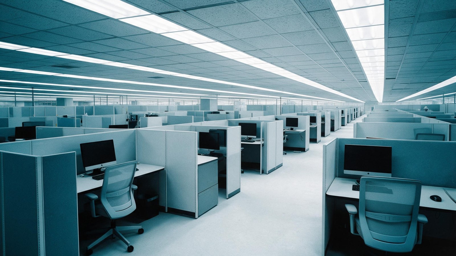 Vista alternativa de una oficina gris con cubículos y fluorescentes