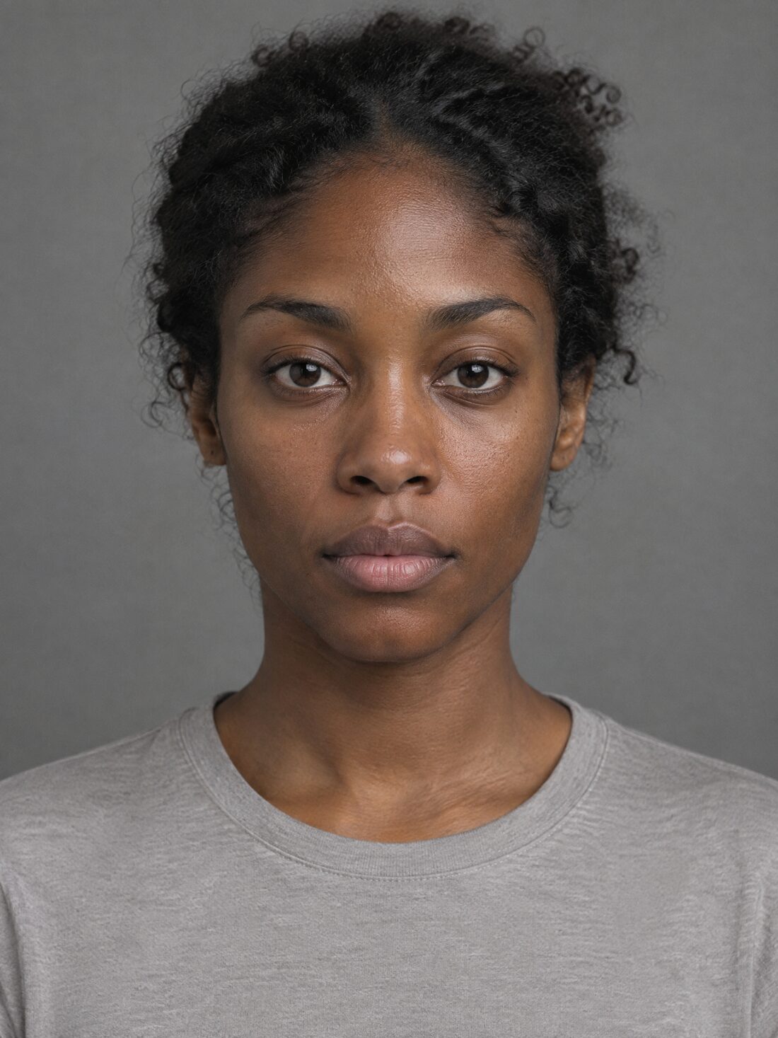 Retrato de casting, mujer de pelo rizado recogido