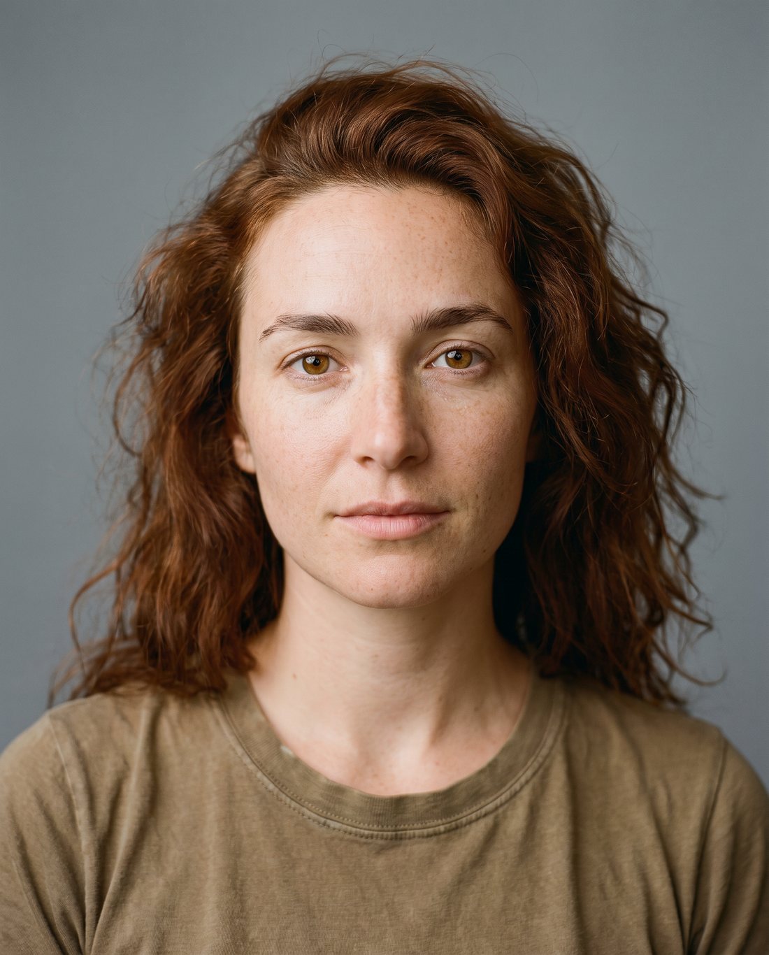 Retrato de casting de la actriz elegida, pelirroja de pelo rizado y pecas