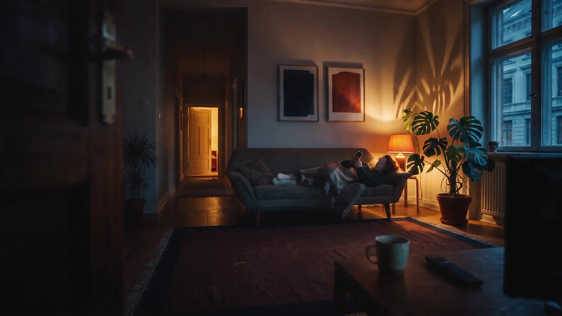 La localización definitiva: salón nocturno con pasillo iluminado al fondo