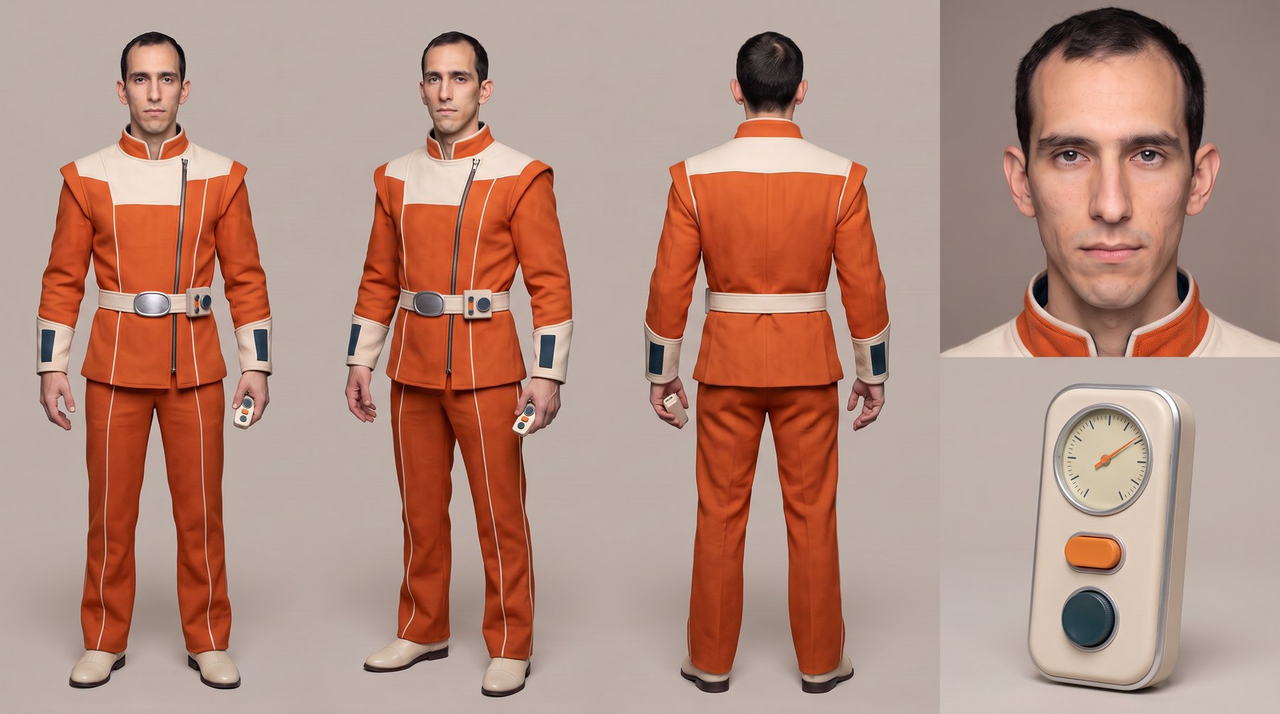 Hoja de personaje con identidad, traje y detalle del mando